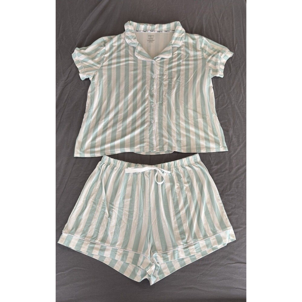 Born XL Striped White Mint Pajama Set Short Sleeve Button-Front Collared Knit